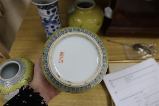 A Chinese enamelled biscuit vase, a blue and white sleeve vase and a pair of jars and covers sleeve vase 22cm